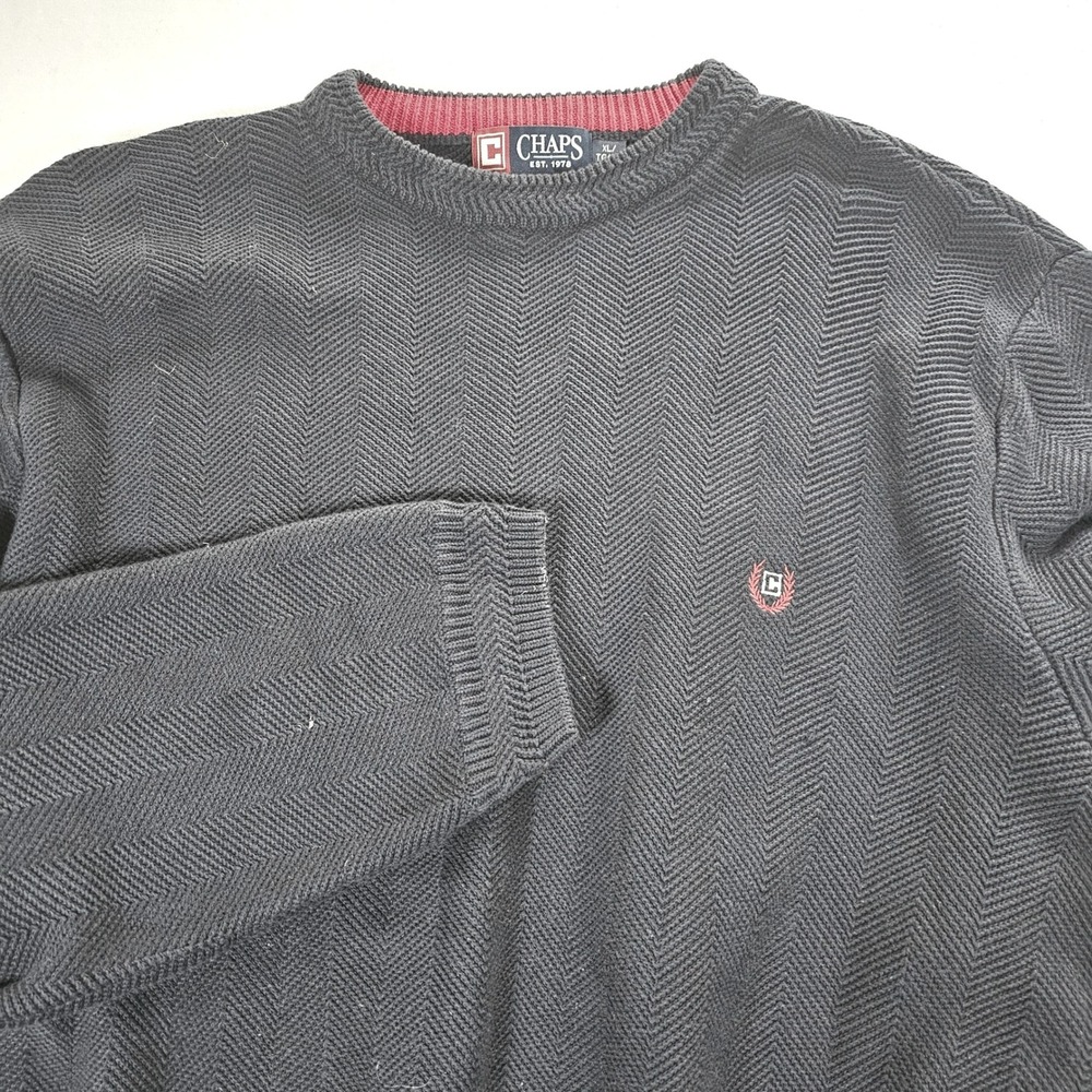 Chaps Mens XL Navy Blue Herringbone Cotton Crewneck Sweater Logo Long Sleeve